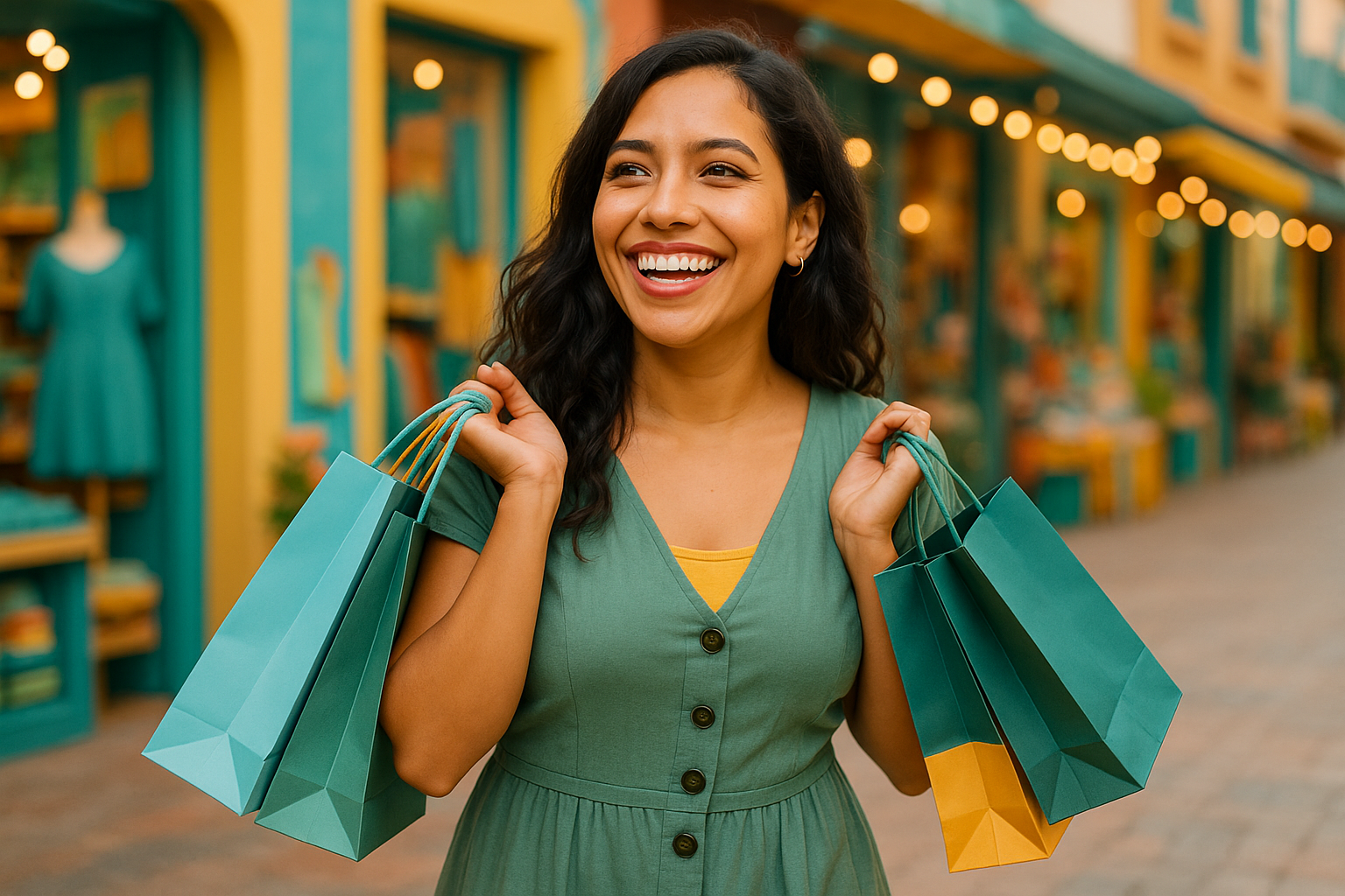 a happy beautiful smiling latin  women doing shoping.the image  should contian this colors #5cace1 #6aac82 #4a776d  #2e6056 #e7a558